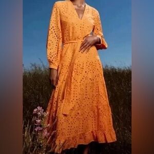 Zara Orange Eyelet Maxi Dress spring midi dress size small spring tropical beach